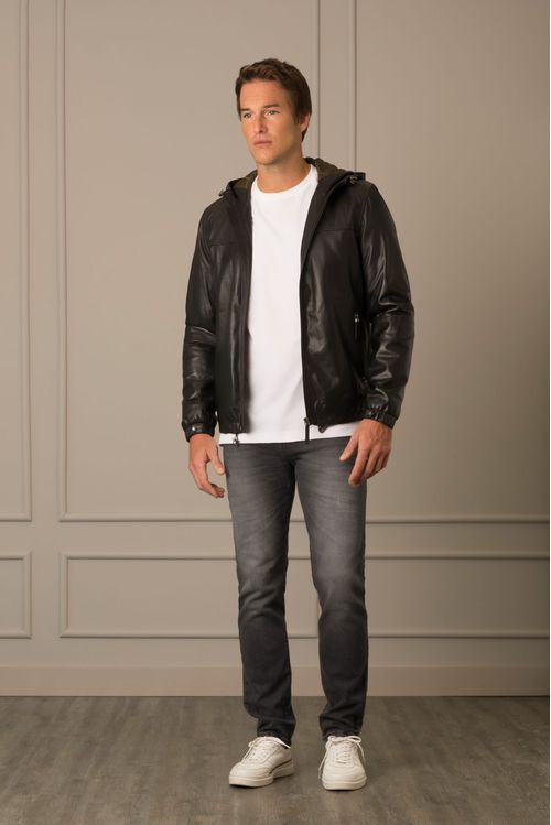 Chaqueta sporty humanista de cuero para hombre capucha fija