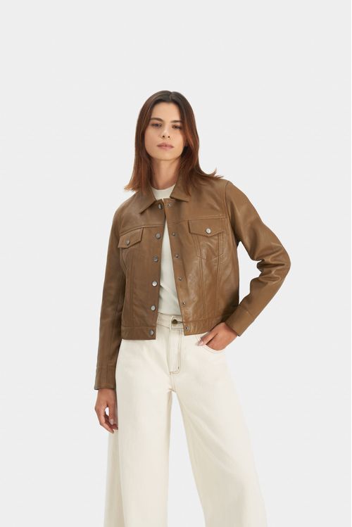 Chaqueta tipo trucker de cuero para mujer bolsillos tapas