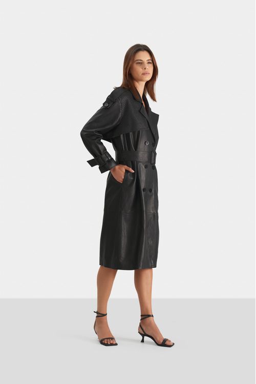 Trench coat bora de cuero ovino para mujer almilla tejida