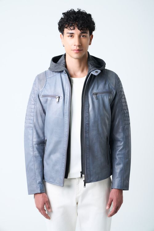 Chaqueta belmont de cuero para hombre capucha y pechera